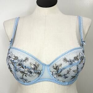 Empreinte Lauren Bra US 38C Underwire Low Neck Balconette Light Blue Lace Sheer